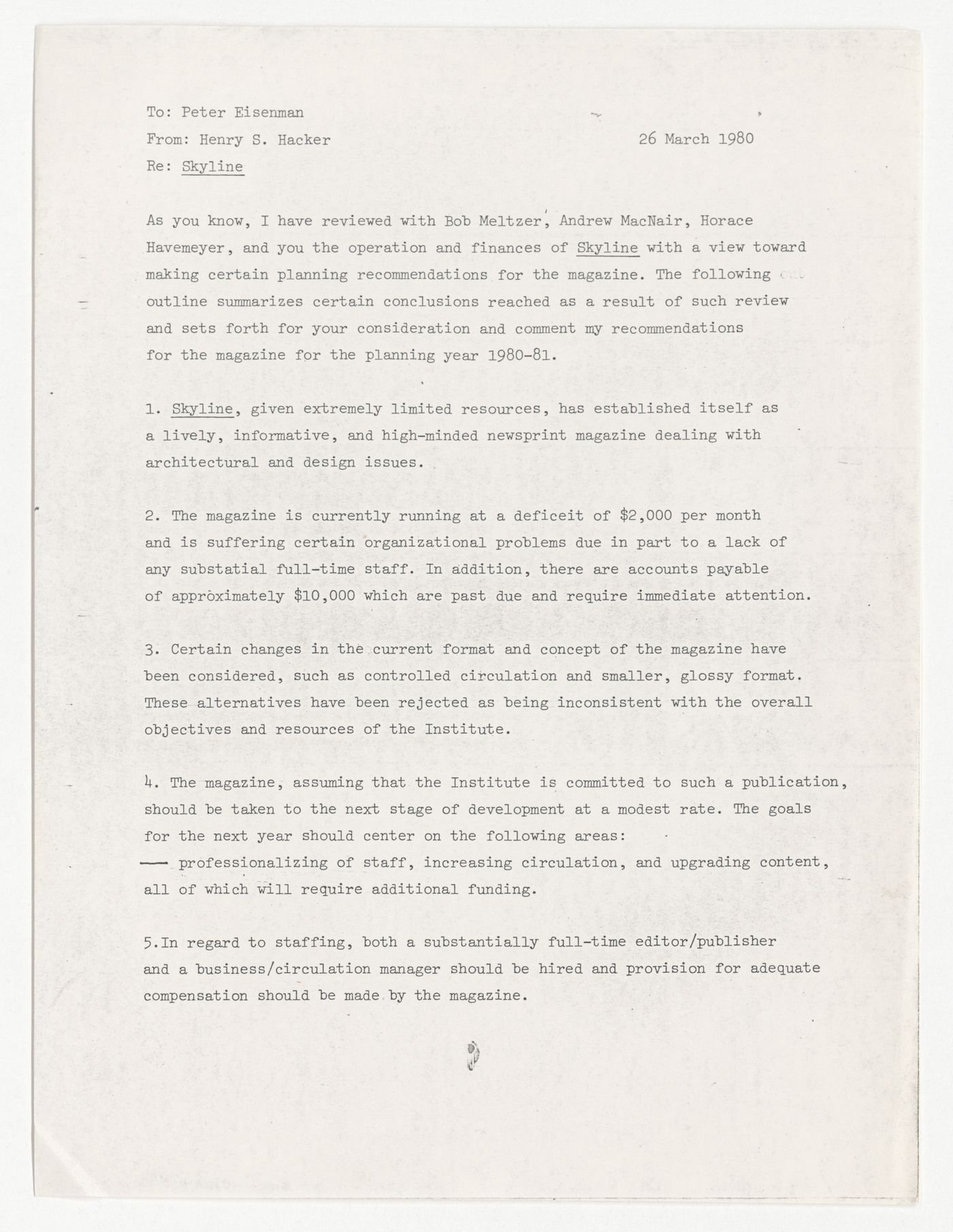Memorandum from Henry S. Hacker to Peter D. Eisenman about planning recommendations for Skyline