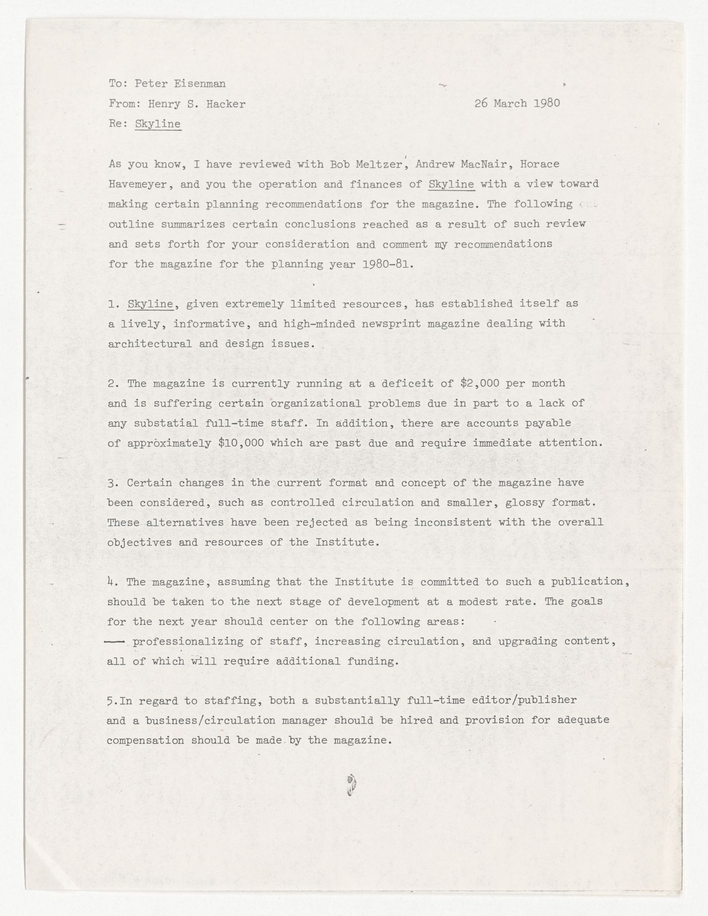 Memorandum from Henry S. Hacker to Peter D. Eisenman about planning recommendations for Skyline