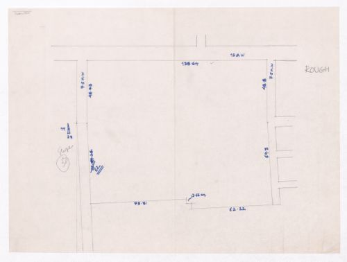 Sketch of plot showing plot measurements for Minimum Cost Housing Group's plot in Aranya township, India, for Aranya Housing Project