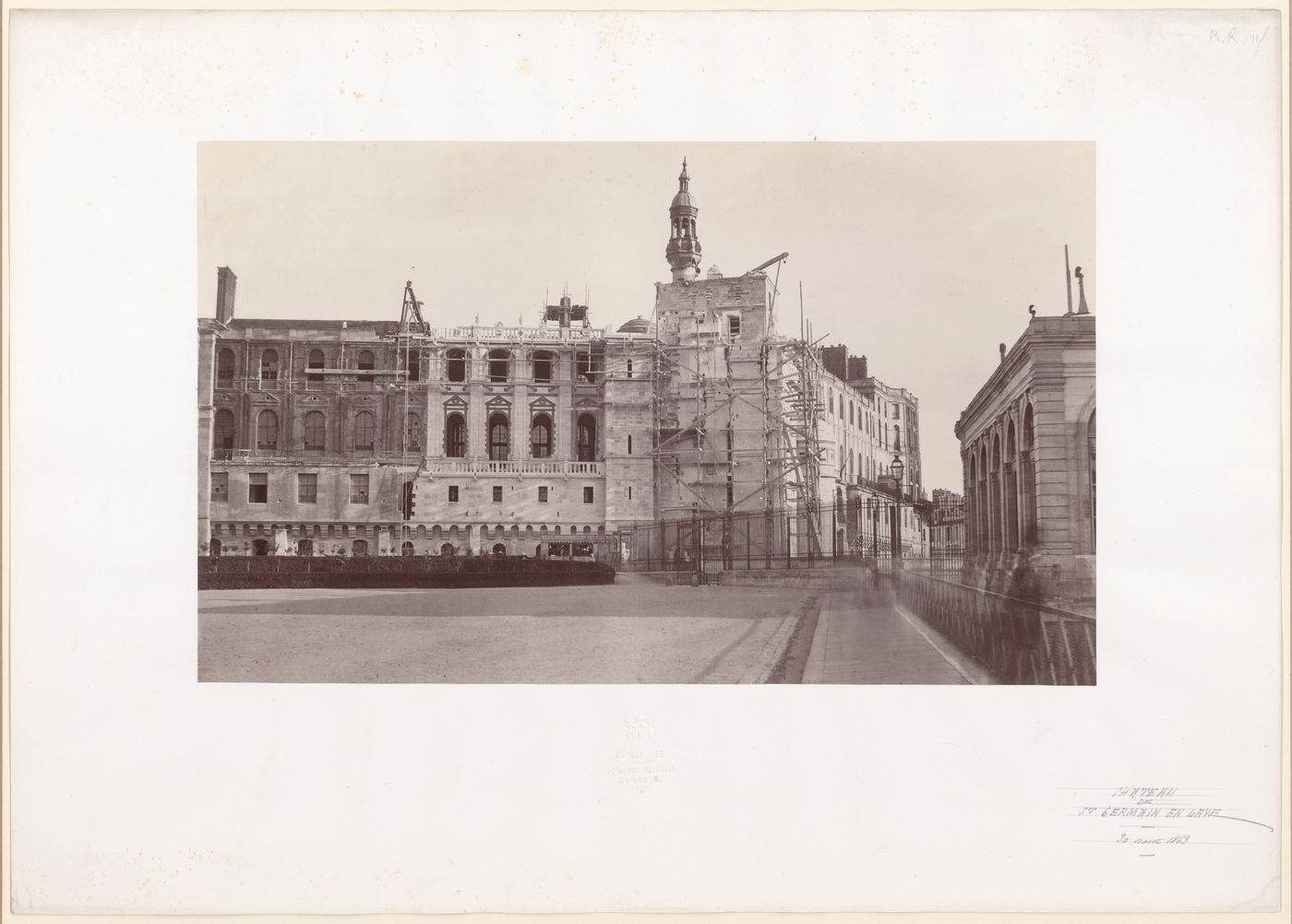 Exterior view of the north façade of the Château de Saint-Germain-en-Laye with scaffolding, France