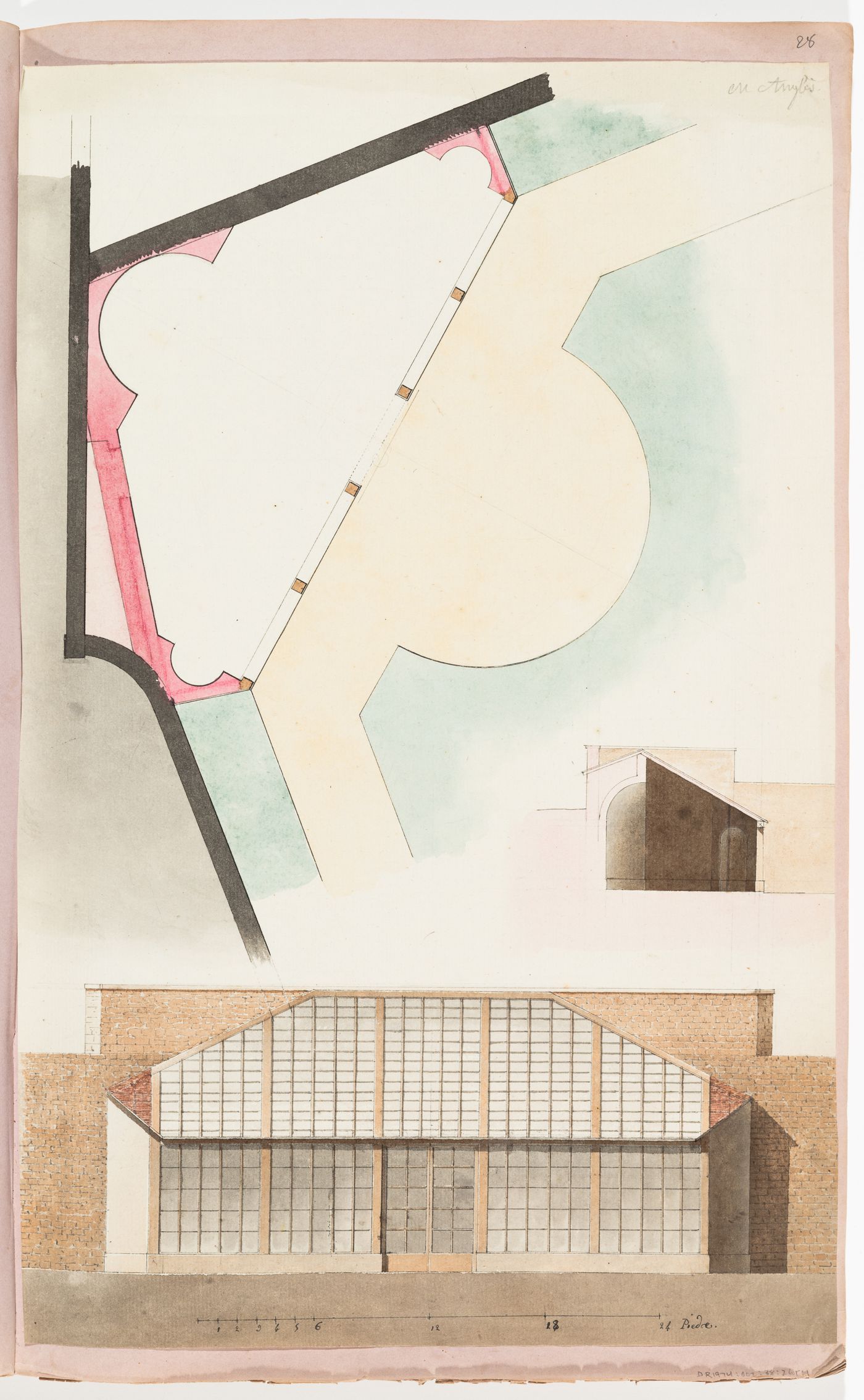 Plan, section and elevation for a greenhouse for comte Anglès; verso: Sketch plans and elevations for five Chinese-inspired garden pavilions