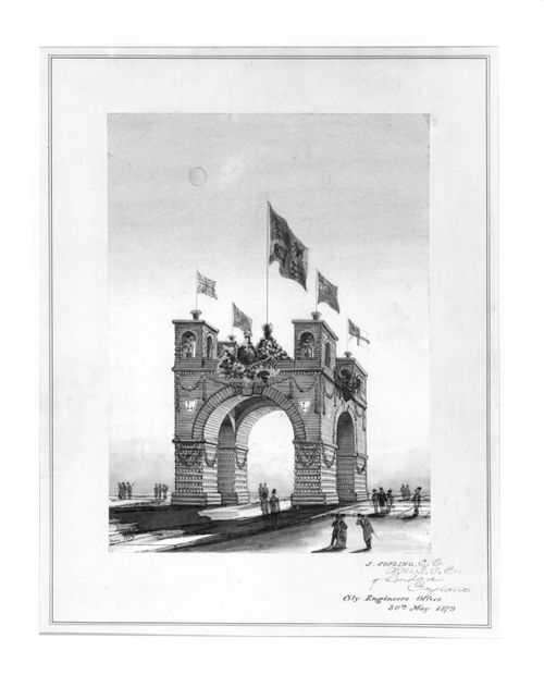 Perspective for a temporary welcome arch for the visit of the Marquess of Lorne and Princess Louise to Toronto, September 1879