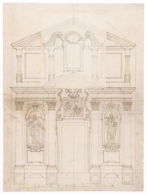 Elevation of the façade of a church or an altar, with two flaps showing alternate ideas for the pediment