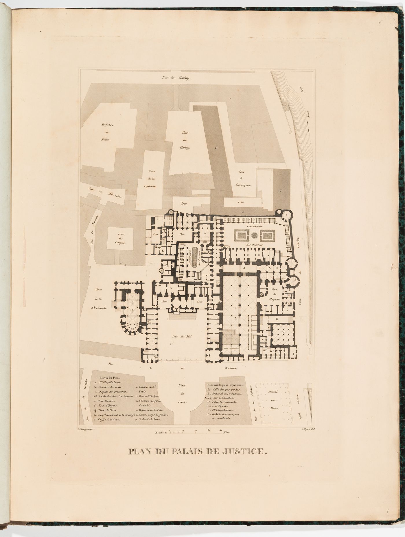Project for alterations to the Palais de justice, Paris: Plan for the ground floor with a block plan of the adjacent buildings