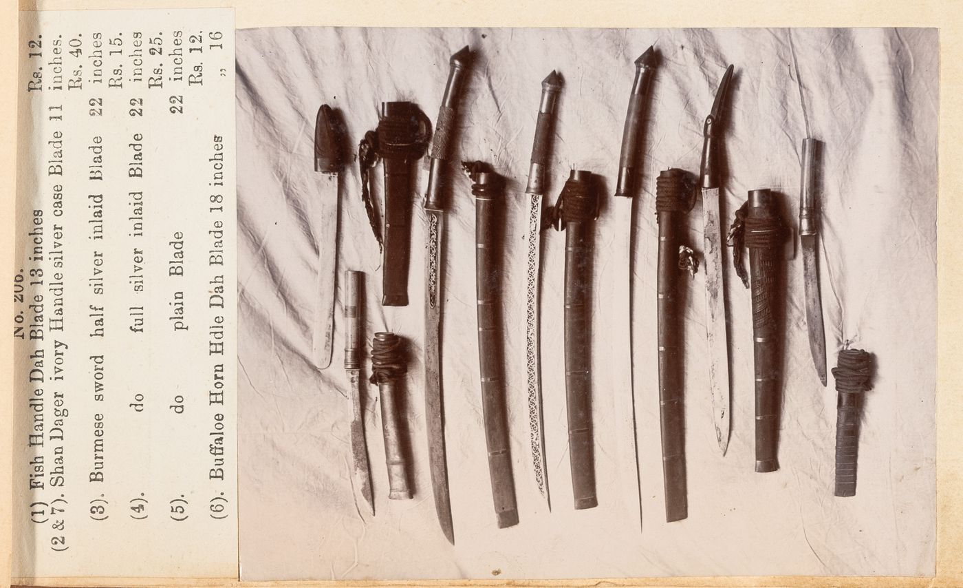 View of swords, F. Beato Limited, C Road, Mandalay, Burma (now Myanmar)