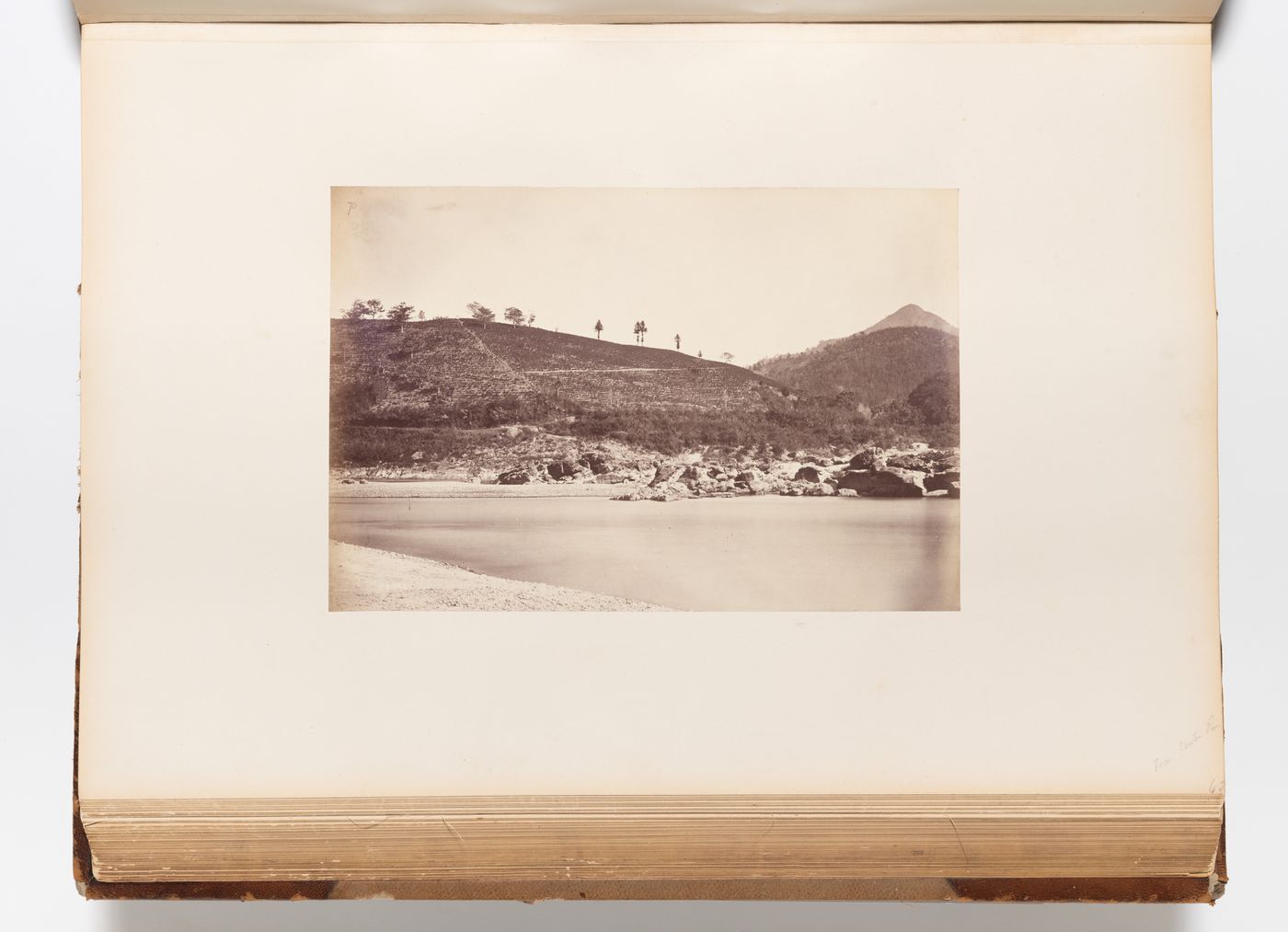 View of a hill planted with tea showing the Pearl River (also known as the Canton River, now Zhujiang) in the foreground, near Canton (now Guangzhou), China