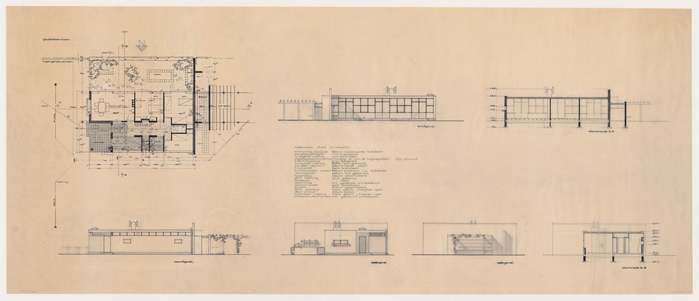 Ground floor plan, sections, and elevations for the school-porter's house for the Second Liberal Christian Lyceum, The Hague, Netherlands