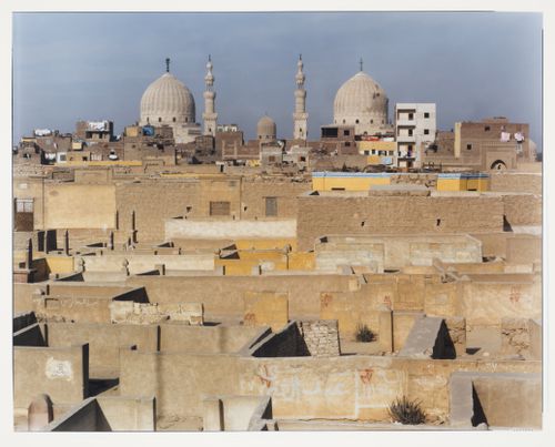 Mausoleum of Sultan Barquq, from the East, with city walls and houses in foreground, Cairo, Egypt