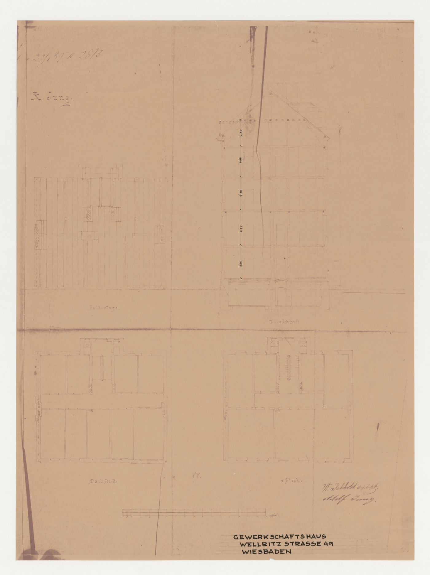 Plans and section, possibly for alterations and additions for a trade union corporate headquarters, Wiesbaden, Germany