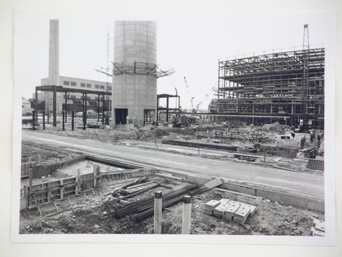 View of construction of steel structure for boiler house of power station, United Kingdom