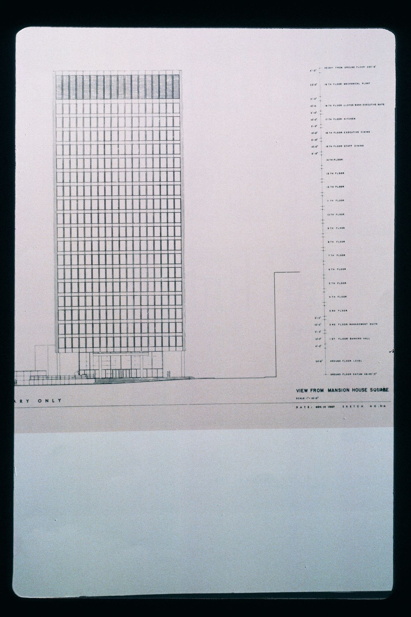 Slide of a drawing for Mansion House Square, London, by Mies van der Rohe