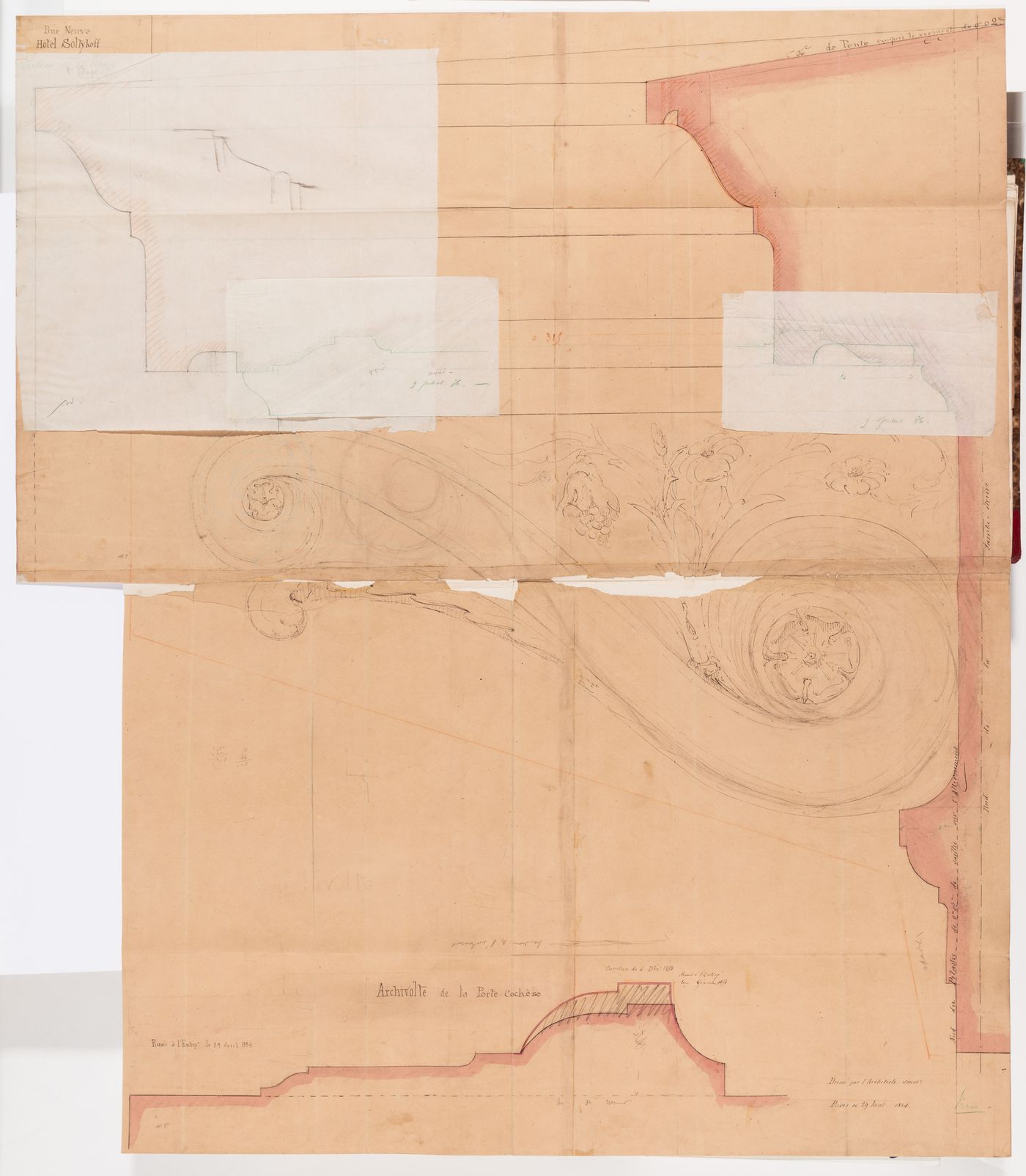 Full-scale elevation and profile for the cornice and consoles for the first floor balcony and full-scale profile for a moulding for the porte cochere, Hôtel Soltykoff