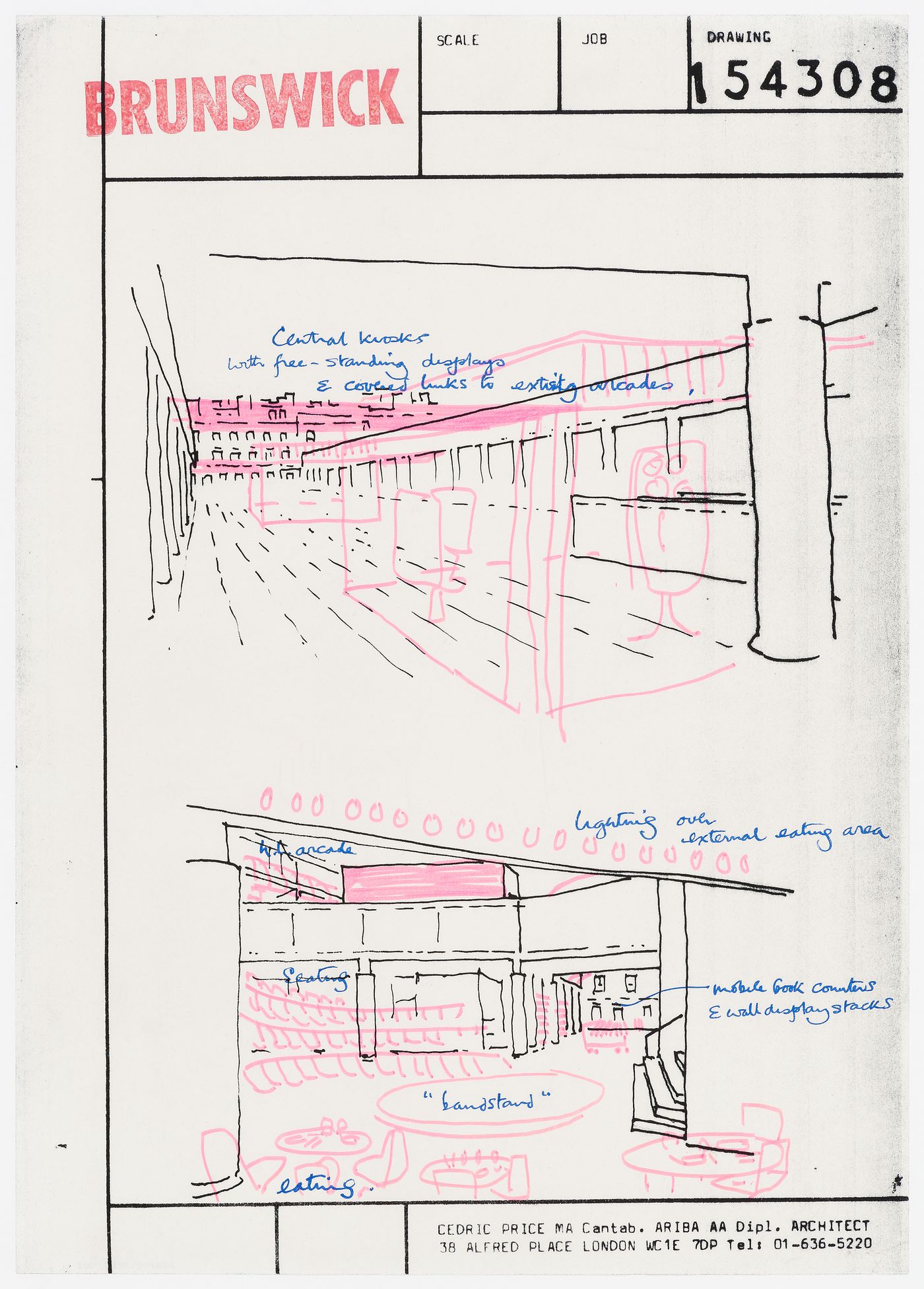 Brunswick: perspective sketches of central kiosks and eating area