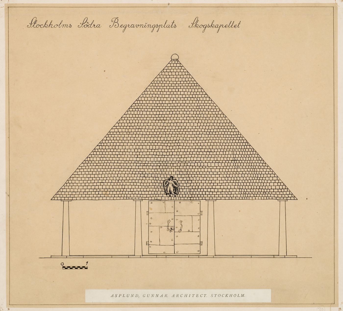 Elevation for the principal façade for Woodland Chapel showing Carl Milles' sculpture of the Angel of Death above the entrance, Woodland Cemetery, Stockholm, Sweden