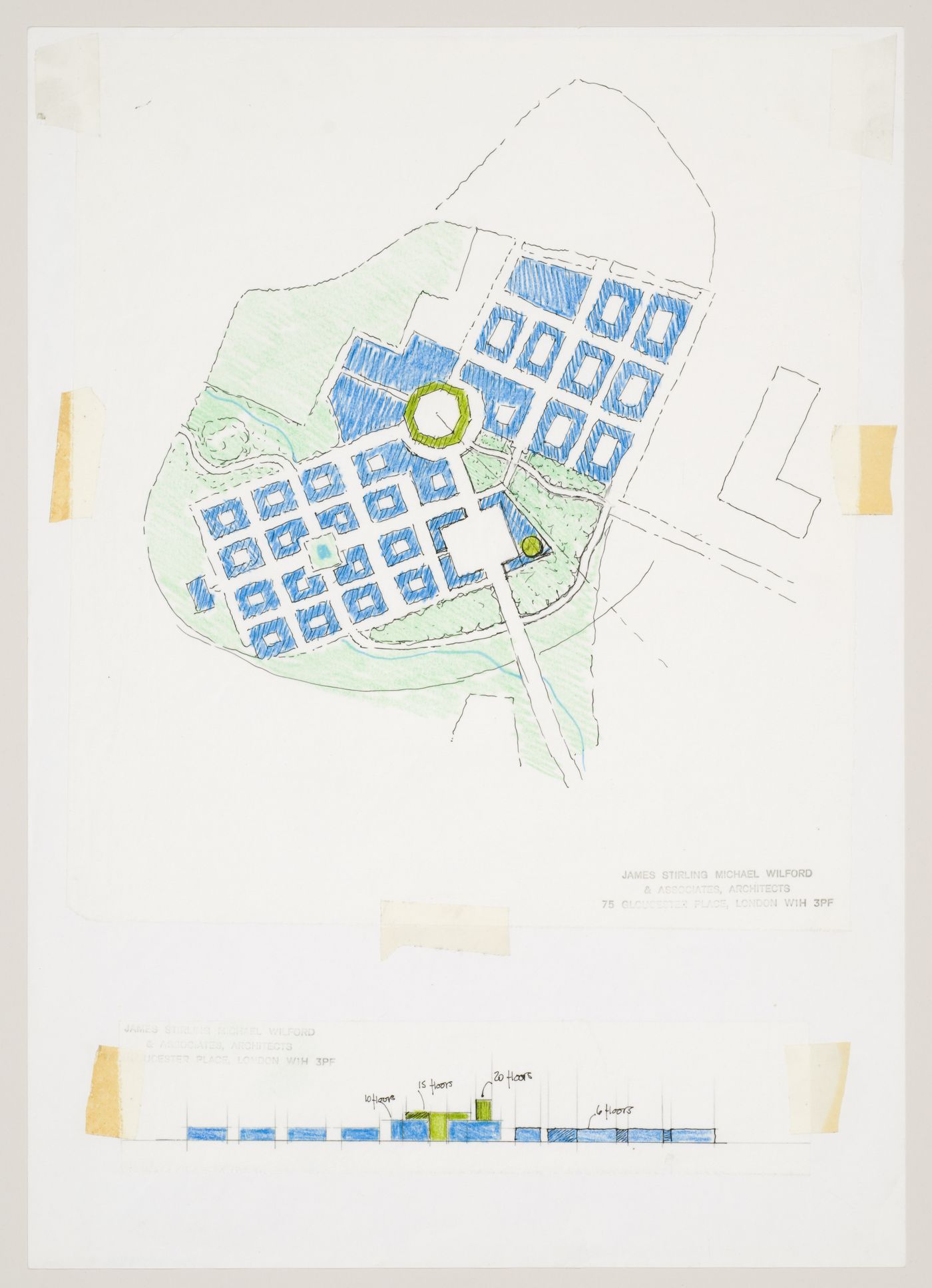 New Town Centre, Caselecchio di Reno, Italy: plan and elevation