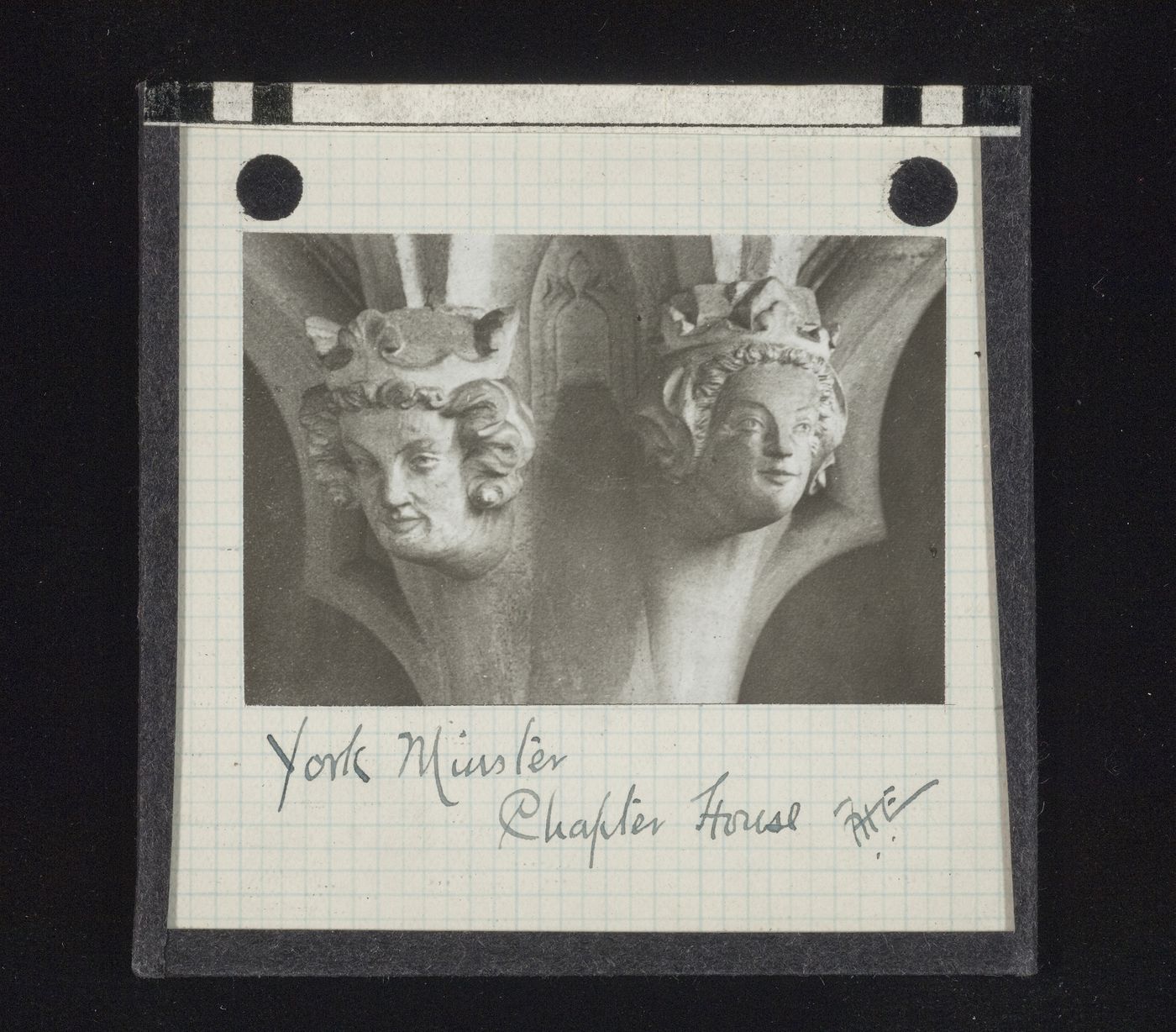 View of two sculptures of heads in Chapter House of York Minster, York, North Yorkshire, England