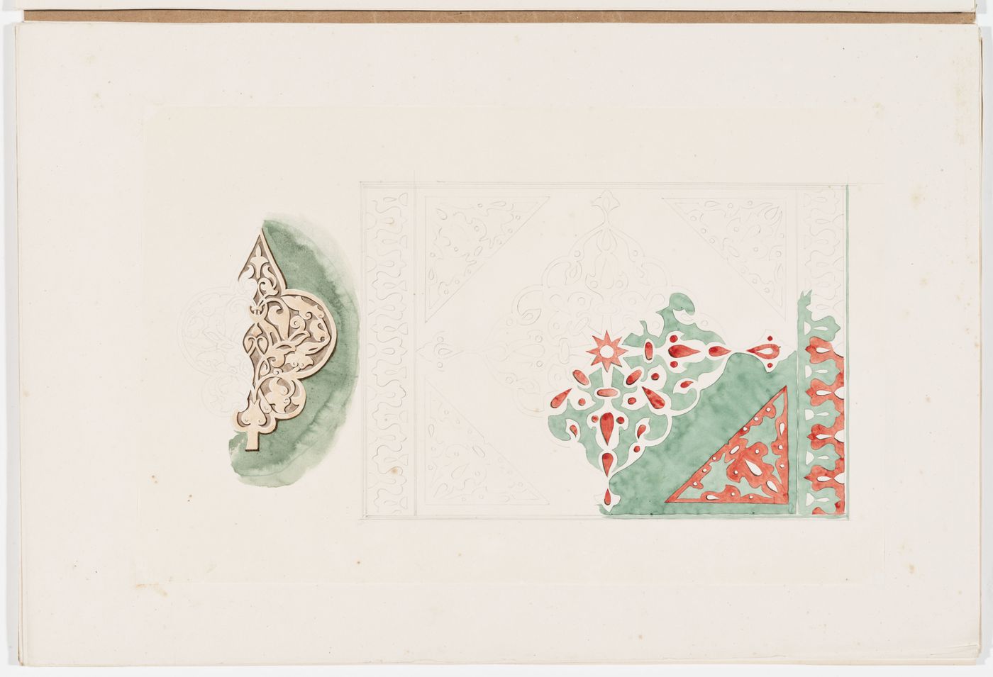 Ornament drawing of a panel decorated with foliage, probably Islamic, and a leaf-shaped panel