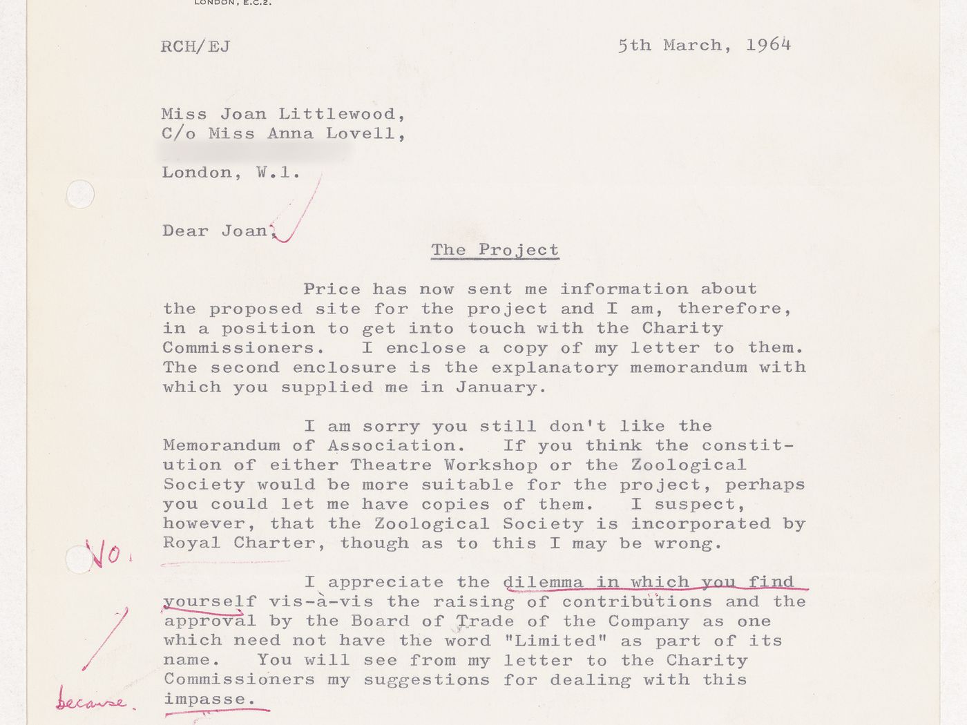 Letter from Brian Sandelson & Co. to Joan Littlewood in care of Miss Anna Lovell regarding the Fun Palace Project