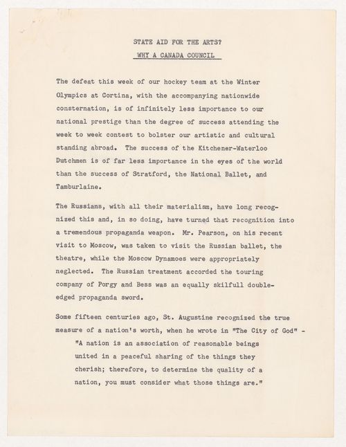"State Aid for the Arts? Why a Canada Council" speech by Parkin presented for Rotary Club of Belleville