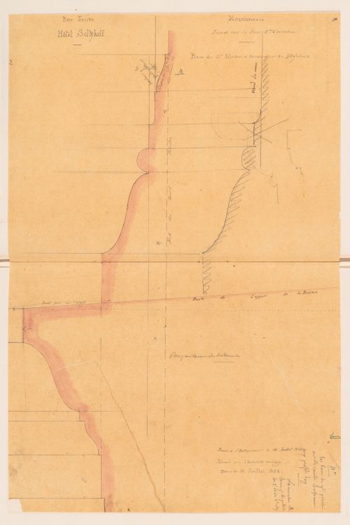 Full-scale profiles for the cornice of the "soubassement" and for the large pilasters for the first and second floors of the principal façade, Hôtel Soltykoff