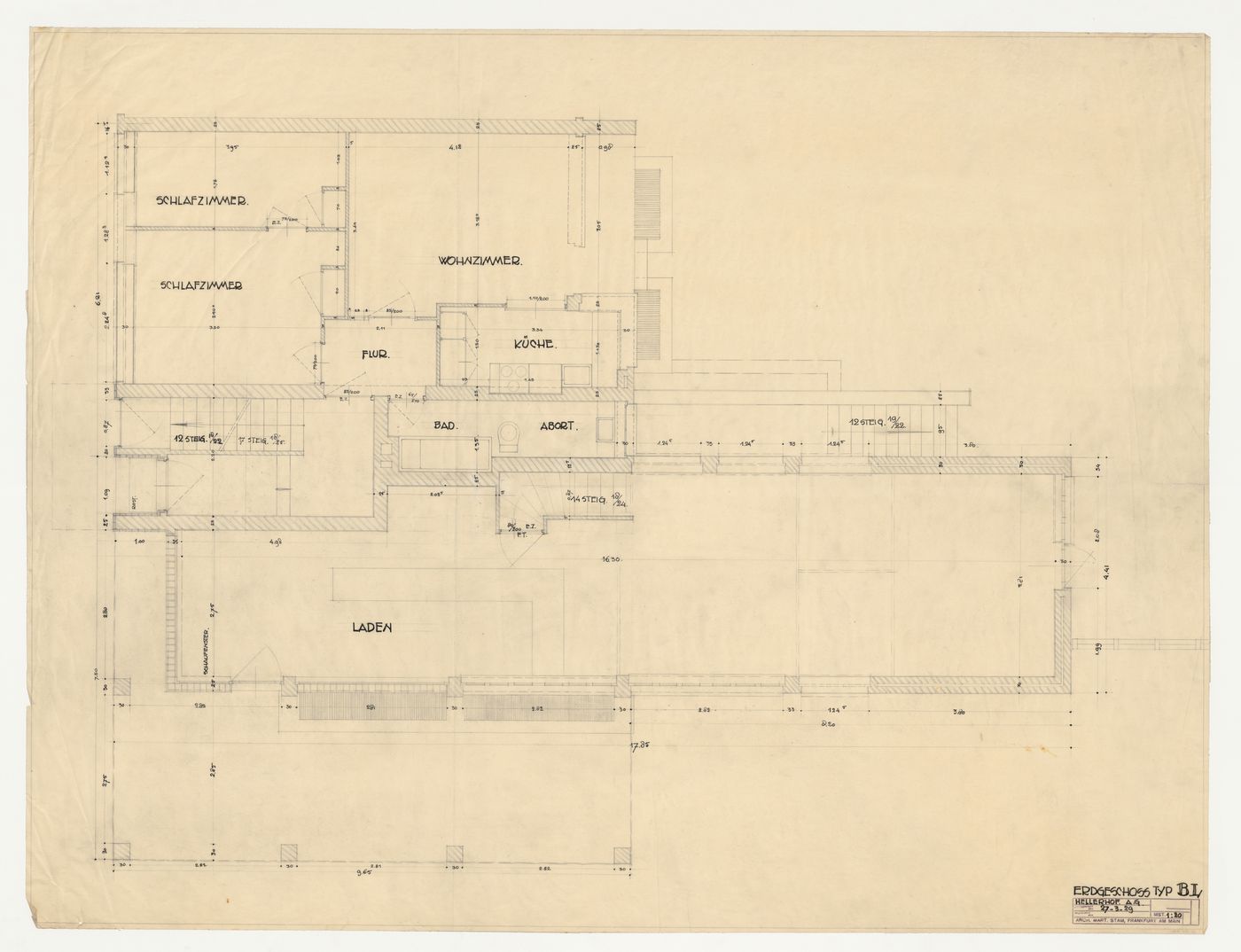 Ground floor plan for a type BL store and housing unit, Hellerhof Housing Estate, Frankfurt am Main, Germany