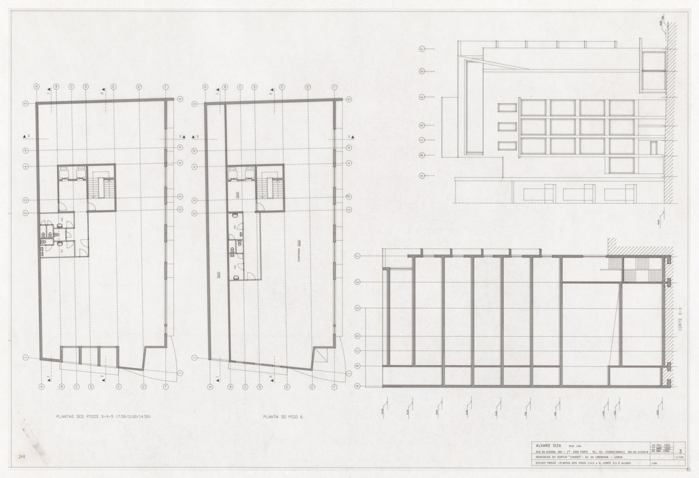 Floor plans, section, and elevation for Remodelação do Cinema Condes, Lisbon, Portugal