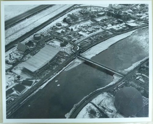 Aerial winter view of the exhibition site, Expo 67, Montréal, Québec