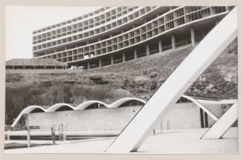 View of gymnasium, under construction, Pedregulho, Rio de Janeiro, Brazil
