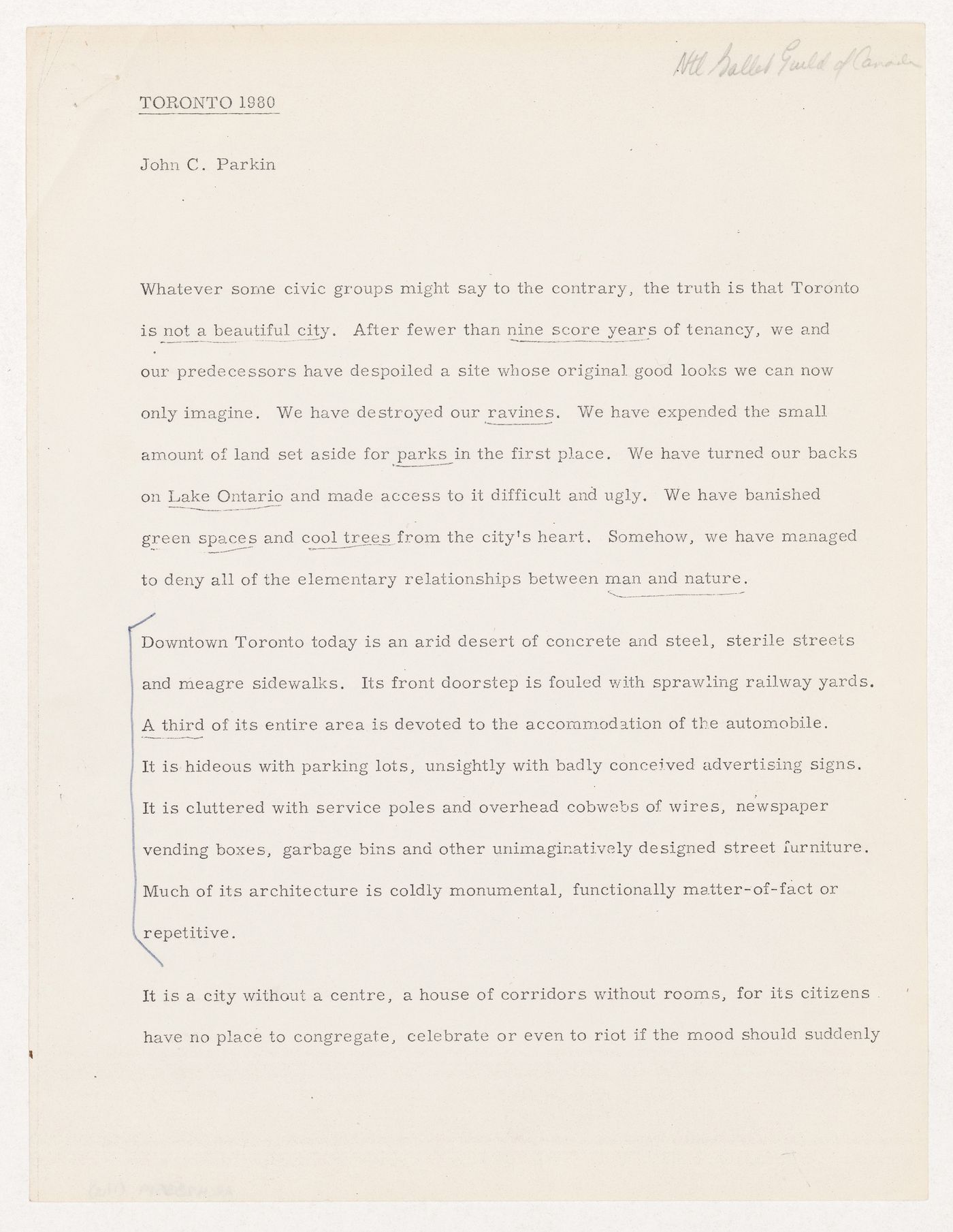 "Toronto 1980" speech by Parkin given to the Women's Committee at the National Ballet Guild of Canada