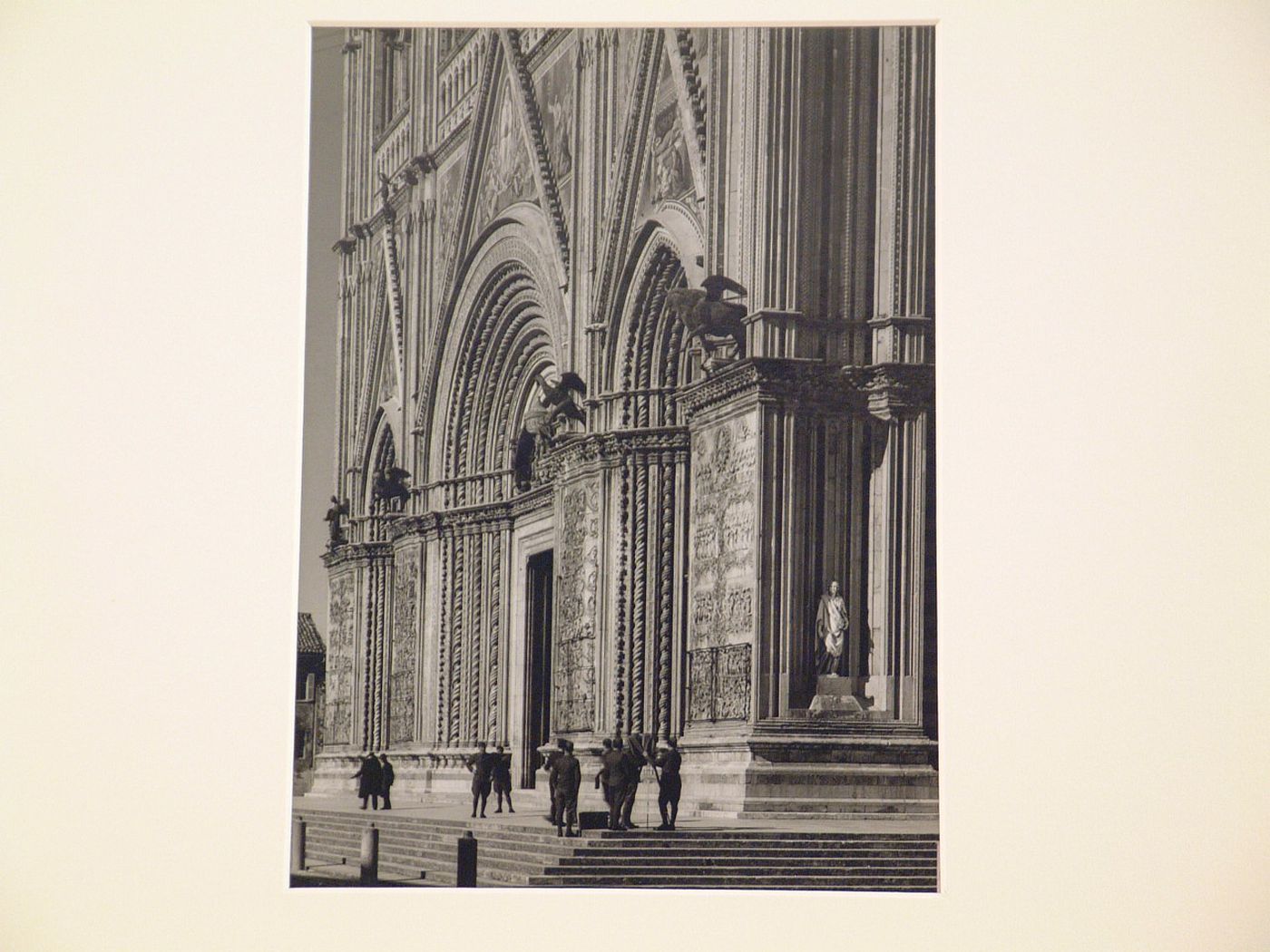 Detail view at a sharp angle of portal of cathedral, Orvieto, Italy