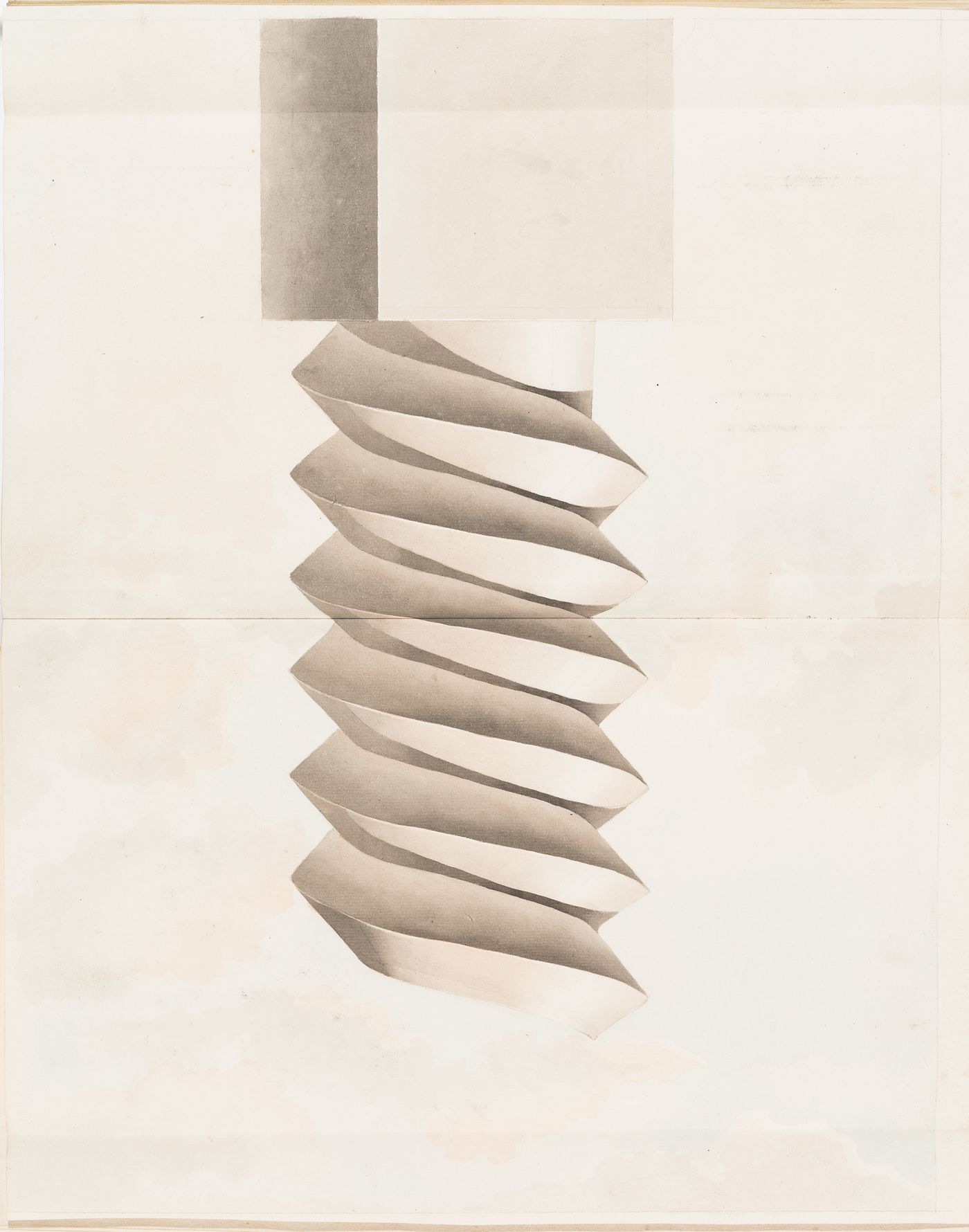 Elevation of a spiral rendered with light and shade and a backdrop of a cloudy sky