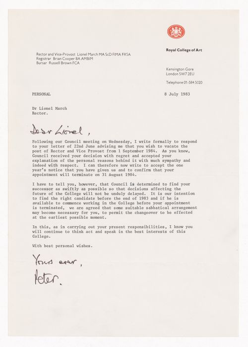 Correspondence from Peter Byrom to Lionel March regarding resignation from Royal College of Art, London