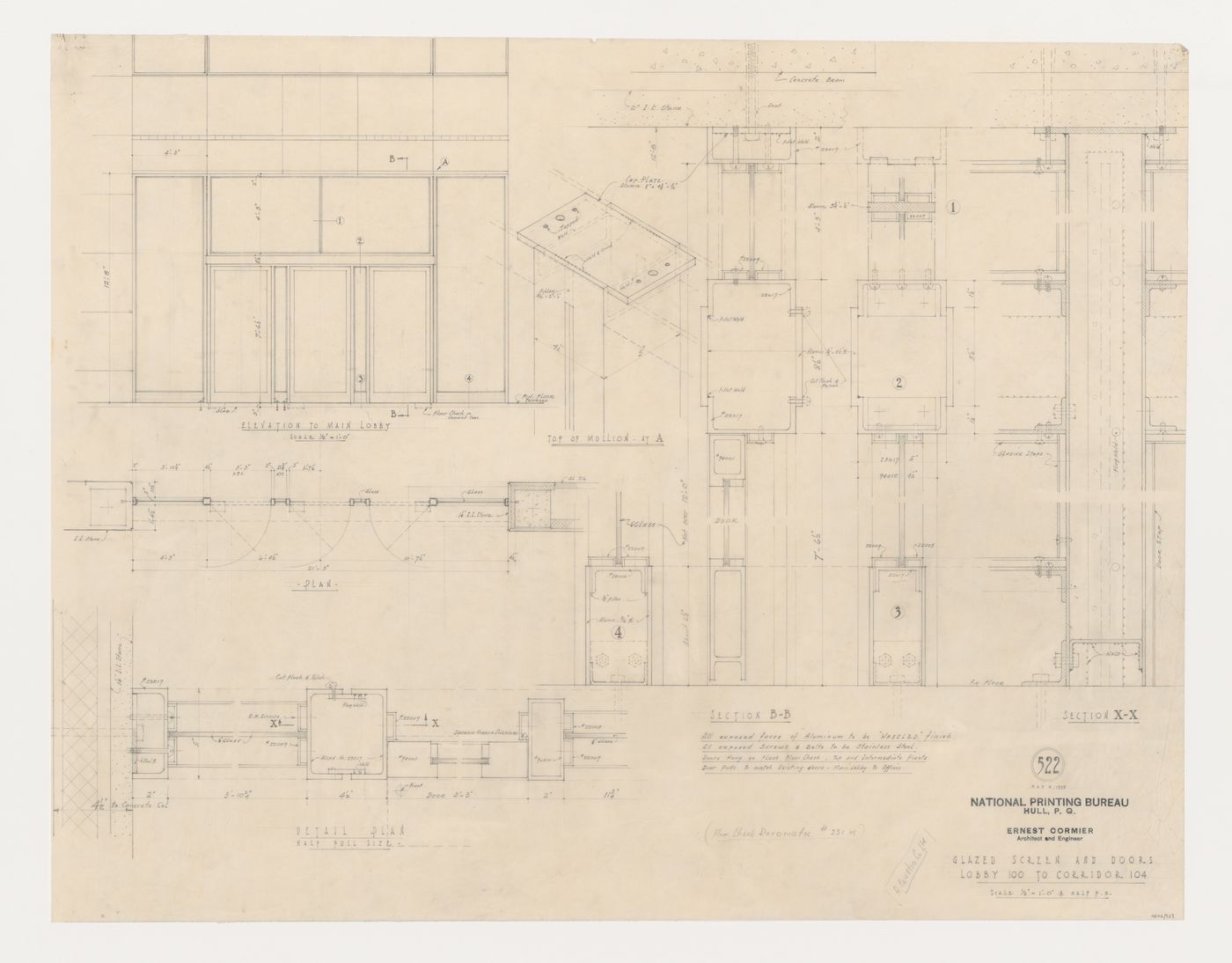 Plan, élévations, coupes et détails du vitrage et des portes du hall 100 au corridor 104, Imprimerie Nationale du Canada, Hull, Québec, Canada