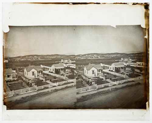 Stereograph of homes with white picket fences, California, United States of America