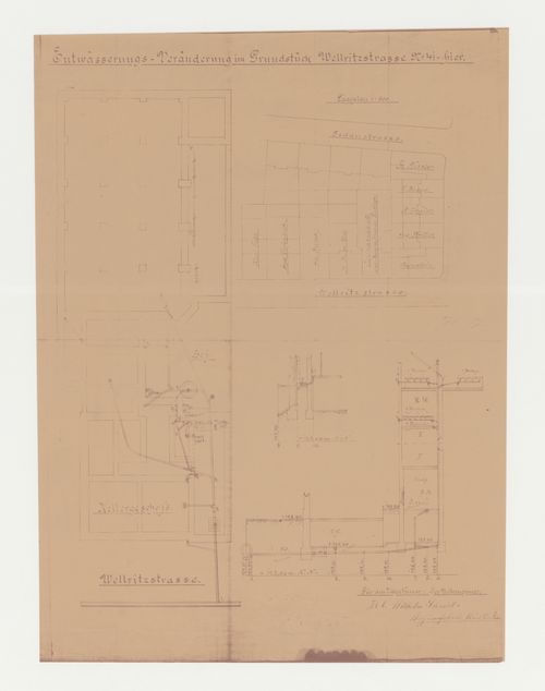 Site plan, plans and sections showing sanitary drainage systems, possibly for a housing estate, Wellritzstrasse, Wiesbaden, Germany
