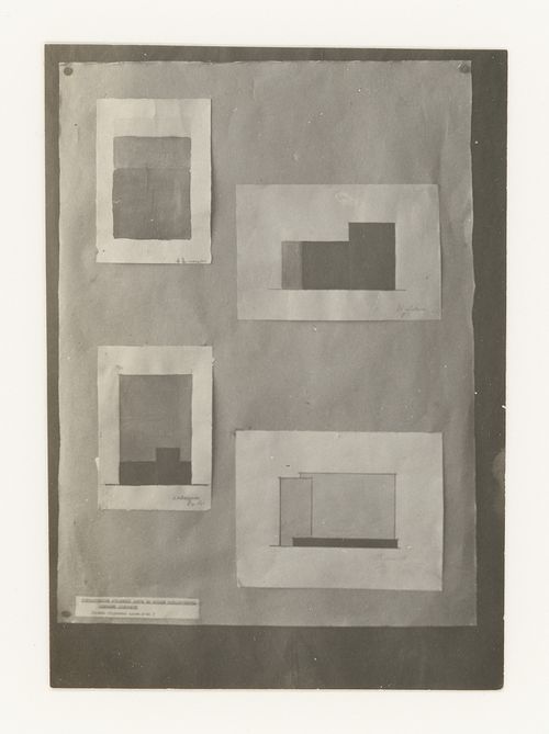 Photograph of student drawings on the topic "Partial Division of Surface (Vertical and Horizontal, Relief and Shade)" for the "Space" course at the Vkhutemas (Higher State Artistic Technical Studios), Moscow