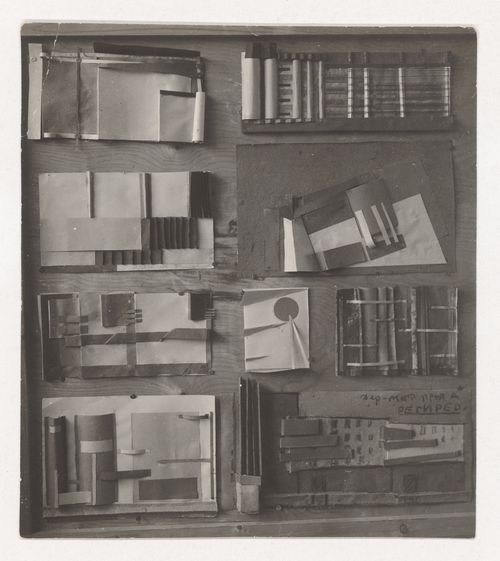 Photograph of student models by M. Filisov [?], Klimov, and unidentified students on the topic "Construction of Frontal Surface Based on Vertical, Horizontal and Inclined Combination of Two or More Rhythmical Rows" at the Vkhutemas, Moscow