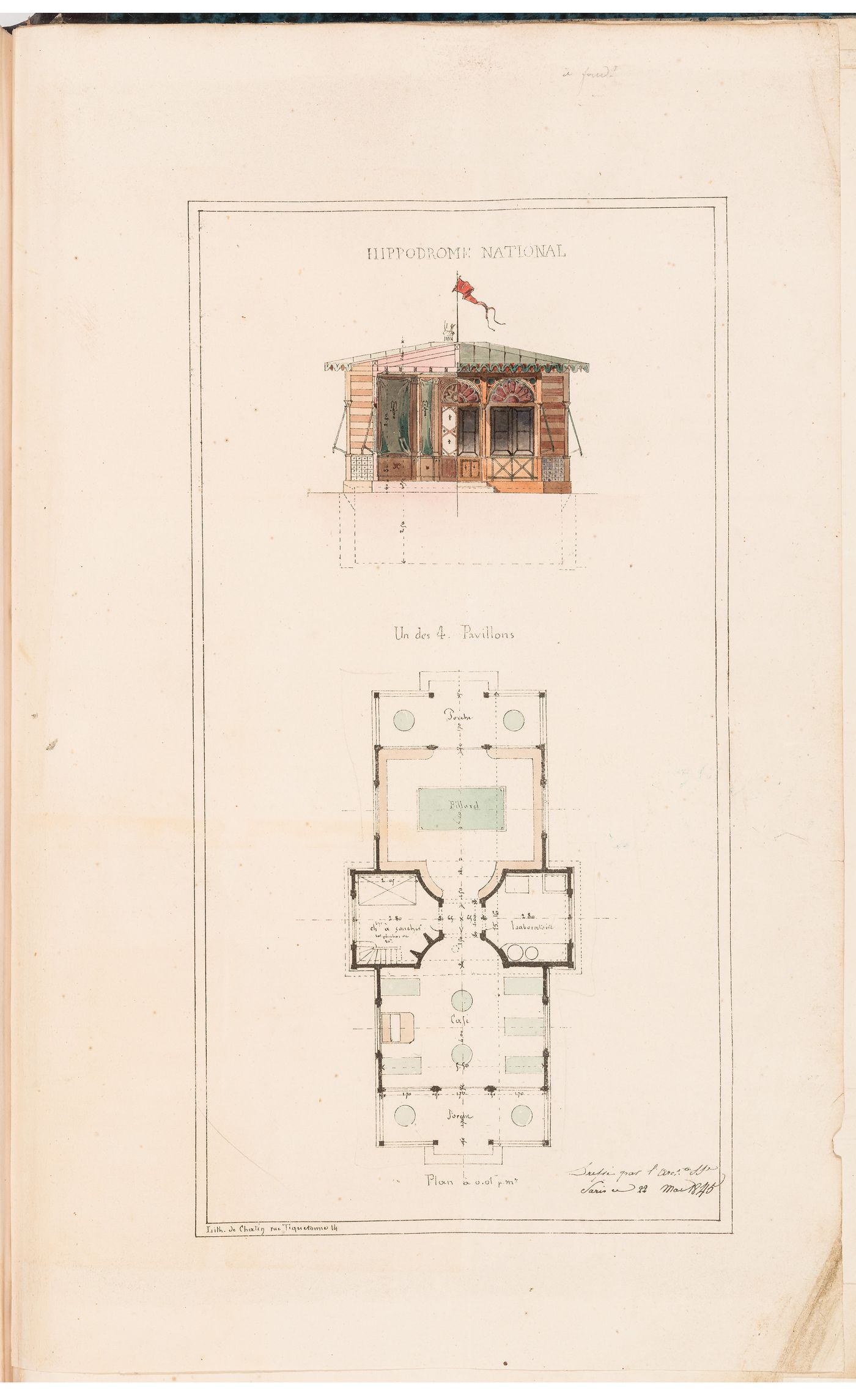 Hippodrome national, Paris: Elevation and plan for a pavilion