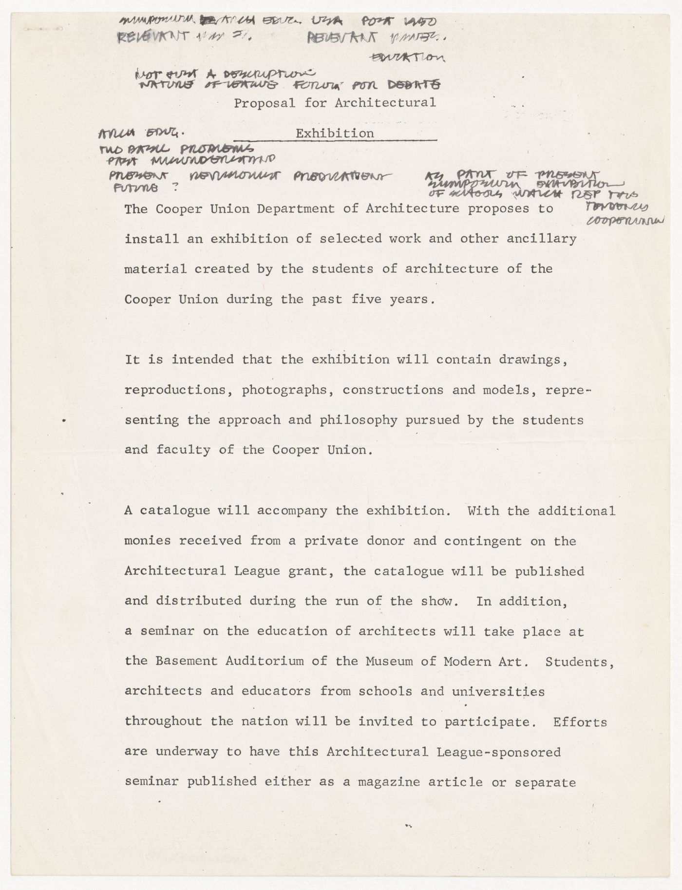 Draft proposal for architectural exhibition with annotations by Peter D. Eisenman