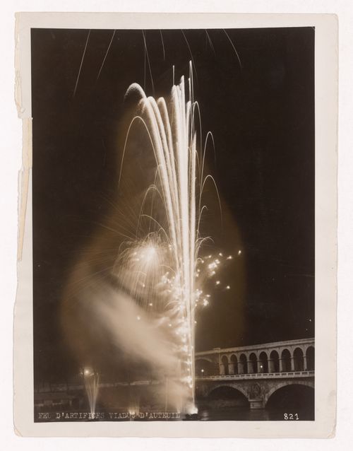 Night view of fireworks with a bridge and the Viaduct D'Auteuil in the backgroud, 1937 Exposition internationale, Paris, France
