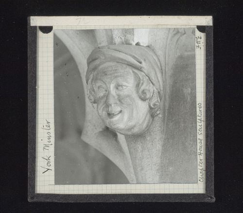 View of sculpture of head in Chapter House of York Minster, York, North Yorkshire, England