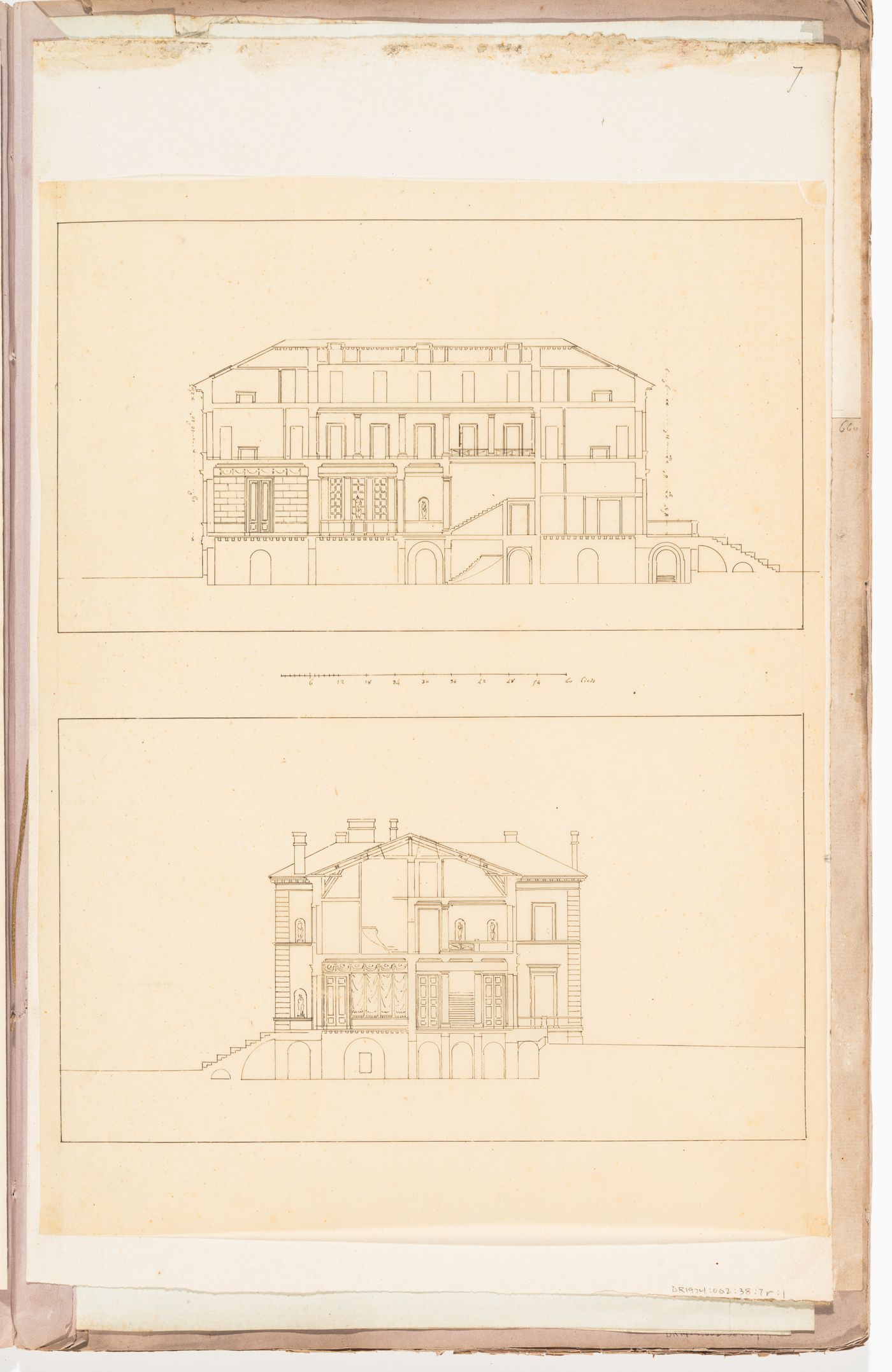 Sections for a country house for duc Decazes, Grave; verso: Side elevation for a country house for duc Decazes, Grave