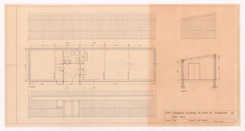 Floor plan, elevations and section of the temporary support facilities for Casa de Chá, Restaurante da Boa Nova, Leça da Palmeira, Portugal