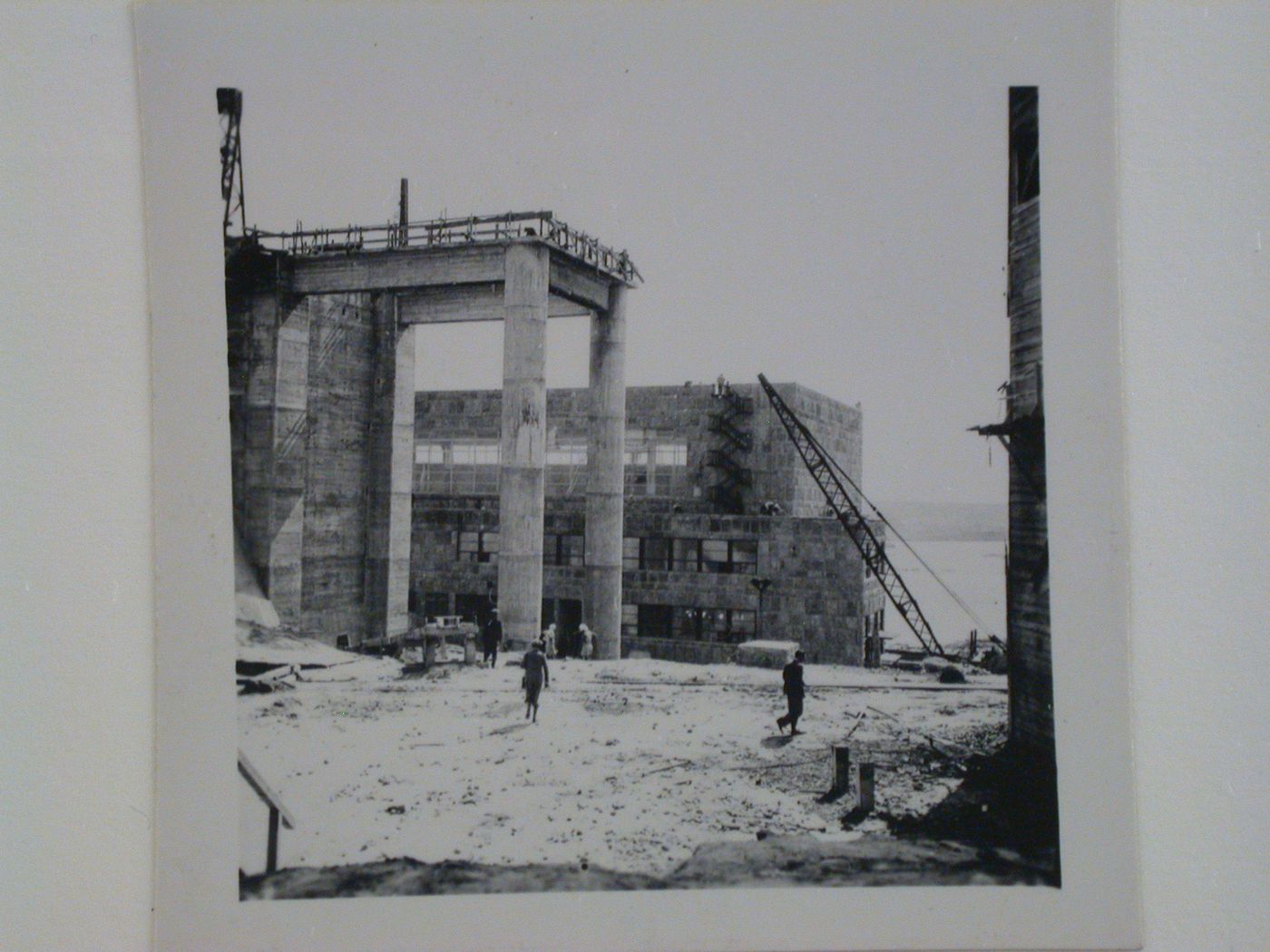 View of Dnieper Hydroelectric Power Station buildings under construction, Zaporozhe, Soviet Union (now in Ukraine)