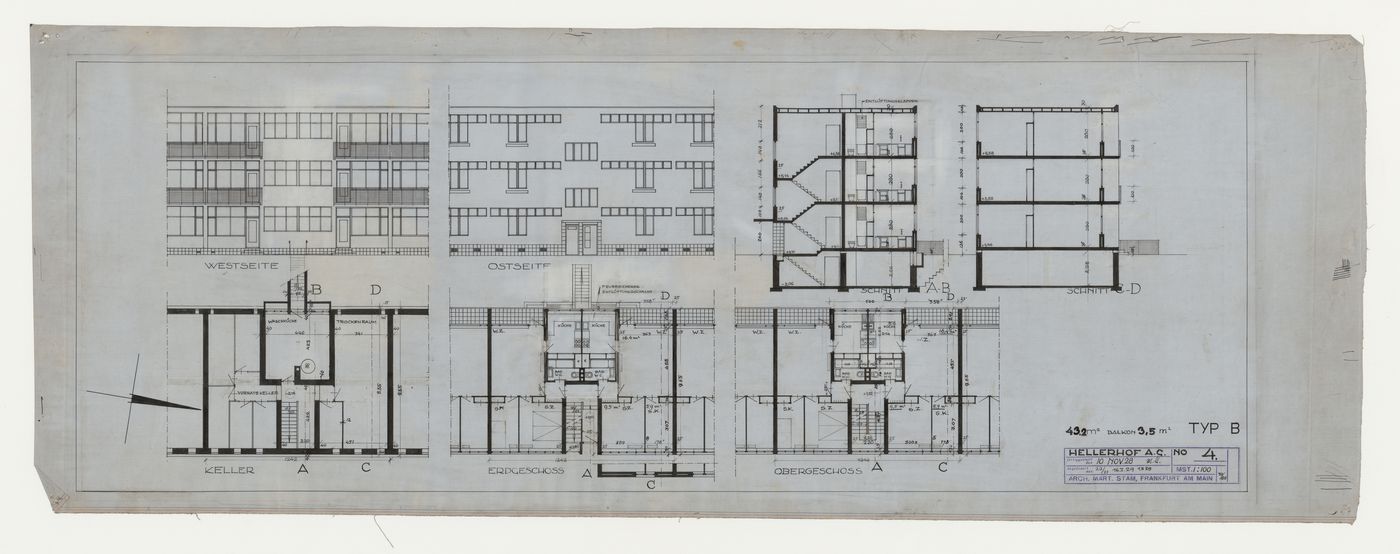 Basement, ground, and first floor plans, east and west elevations, and sections for a type B housing unit, Hellerhof Housing Estate, Frankfurt am Main, Germany