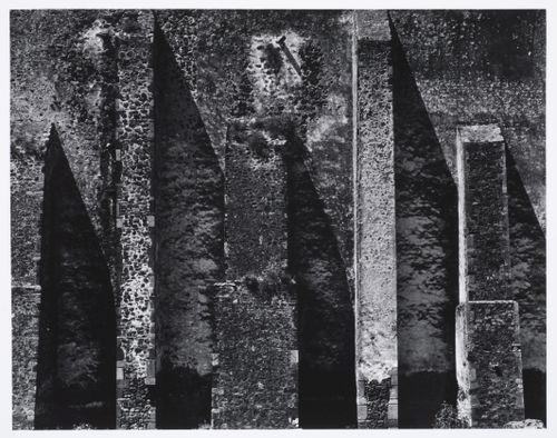 Close-up view of buttresses on a stone wall, possibly the Monastery of San Augustin, Alcoman, Mexico
