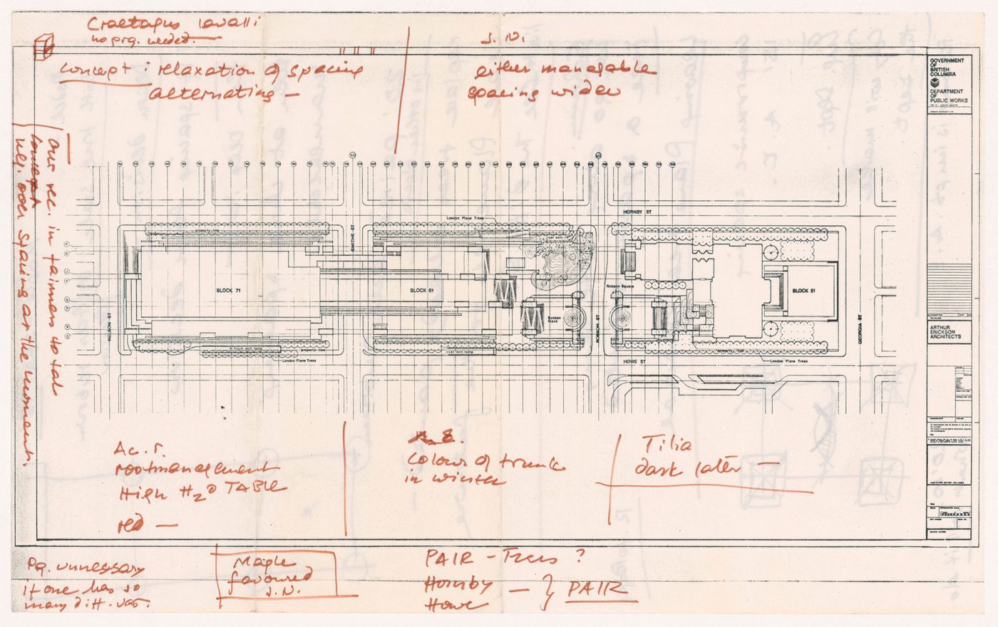 Site plan with notes for Robson Square Provinvial Government Complex, Vancouver, British Columbia