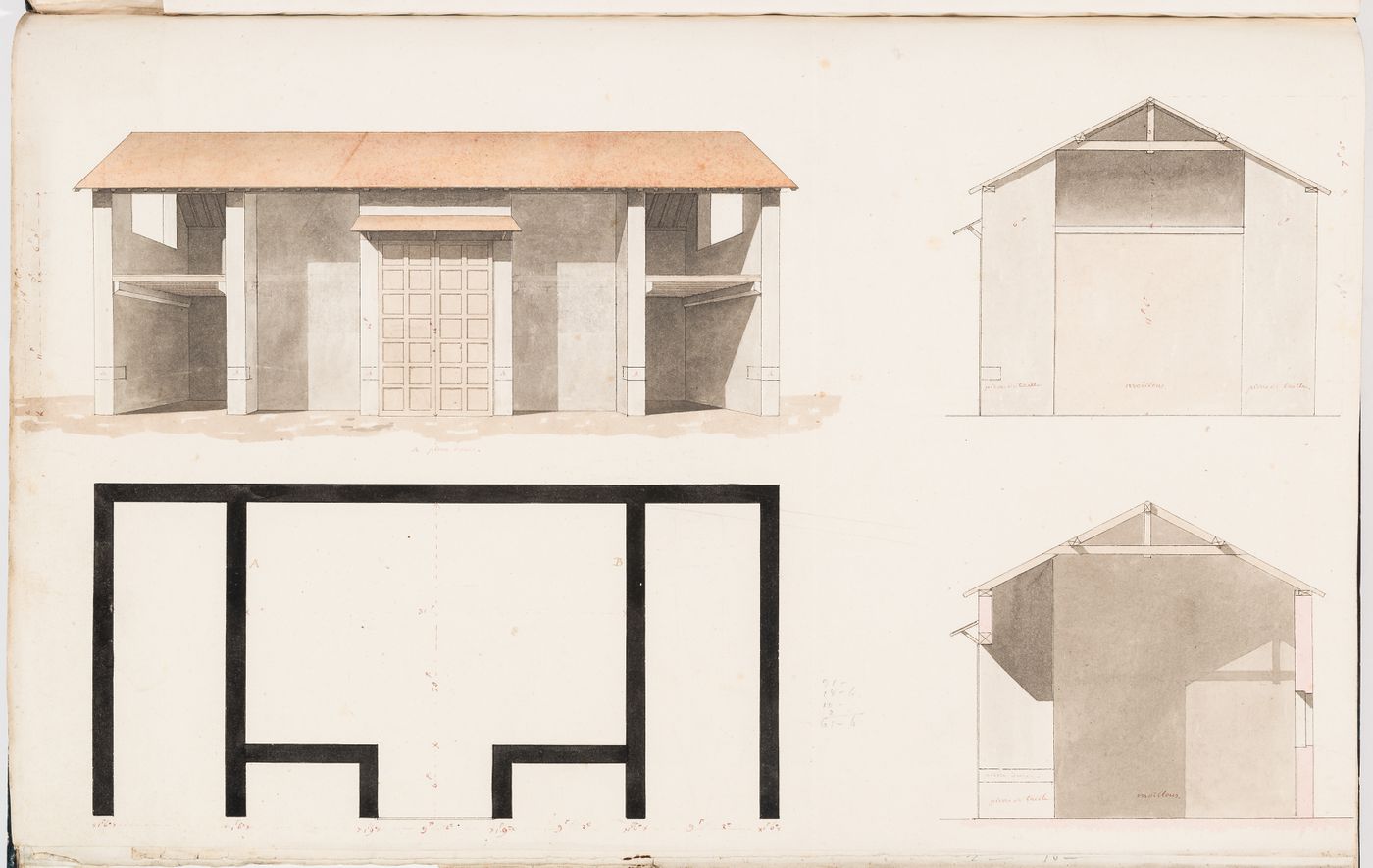 Plan,section and elevations for a granary, Domaine de La Vallée