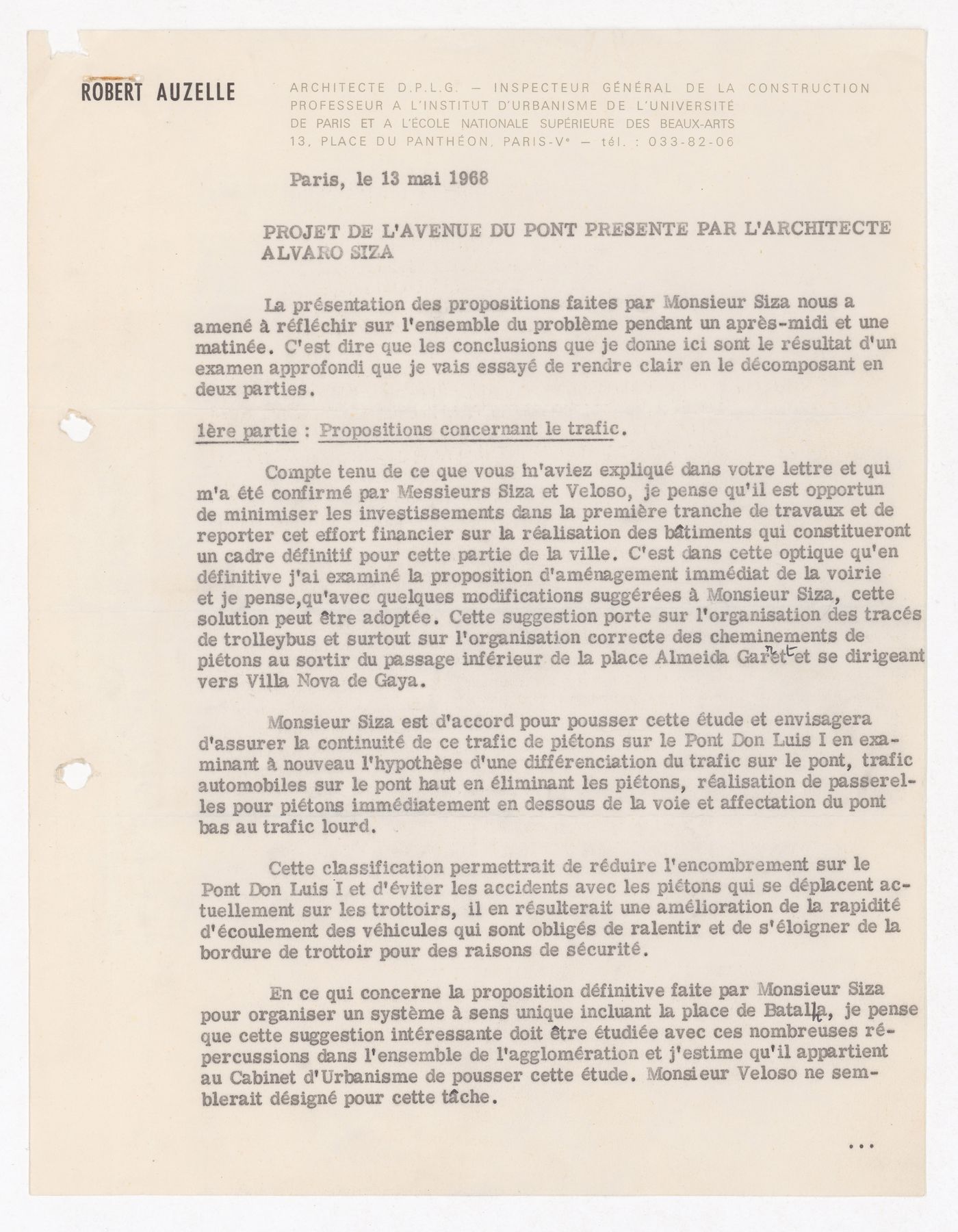 Correspondence from Robert Auzelle concerning Edifício de Escritórios na Av. D. Afonso Henriques, Porto, Porugal