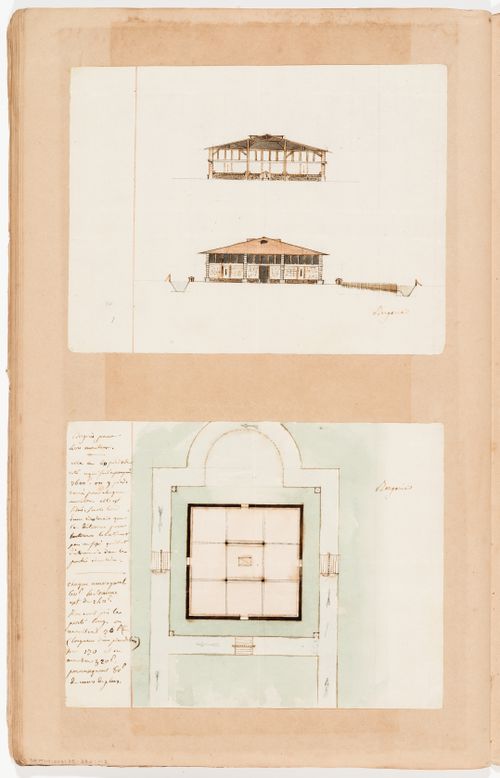 Elevation of a gallery, Jardin de Frascati, and a detail of a pilaster capital; verso: Section, elevation and plan for a sheepfold